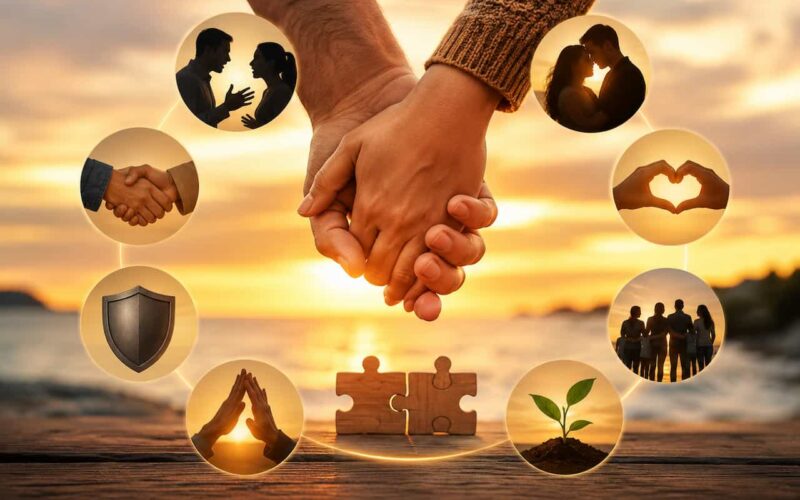 Couple holding hands at sunset surrounded by symbols of trust, communication, love, growth, teamwork, and commitment, representing the foundations of strong, lasting relationships.