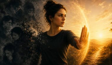 A cinematic illustration of a determined woman raising her hand to stop dark shadows symbolizing self-doubt, while warm golden light and an open path behind her represent confidence, resilience, inner strength, and personal transformation.