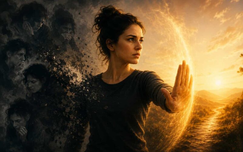 A cinematic illustration of a determined woman raising her hand to stop dark shadows symbolizing self-doubt, while warm golden light and an open path behind her represent confidence, resilience, inner strength, and personal transformation.
