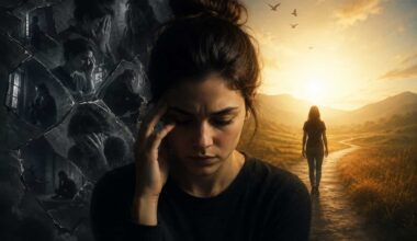 A dramatic split-scene conceptual portrait of a woman experiencing inner turmoil, with one side showing a dark, fragmented montage of anxiety and isolation, and the other side revealing a warm, golden landscape symbolizing hope, healing, and personal growth as she walks toward a brighter future.