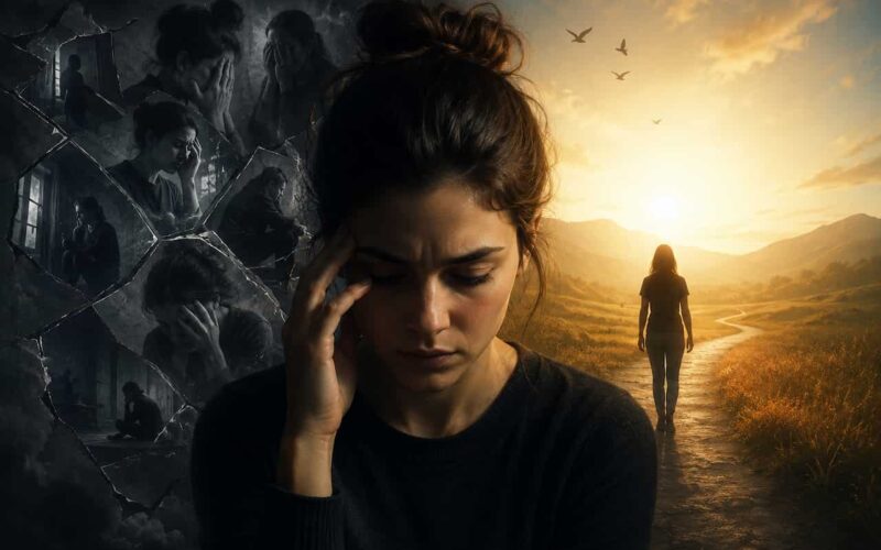 A dramatic split-scene conceptual portrait of a woman experiencing inner turmoil, with one side showing a dark, fragmented montage of anxiety and isolation, and the other side revealing a warm, golden landscape symbolizing hope, healing, and personal growth as she walks toward a brighter future.
