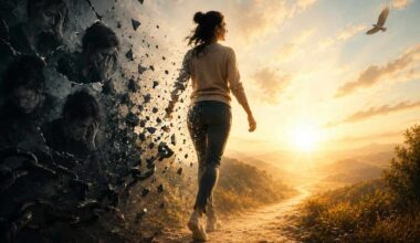 A cinematic illustration of a woman walking confidently away from dark, shattered walls and broken chains toward a bright sunrise, symbolizing freedom from self-doubt, personal growth, inner strength, healing, and lasting confidence.