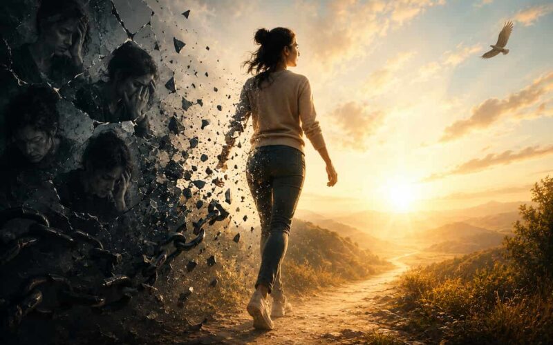 A cinematic illustration of a woman walking confidently away from dark, shattered walls and broken chains toward a bright sunrise, symbolizing freedom from self-doubt, personal growth, inner strength, healing, and lasting confidence.