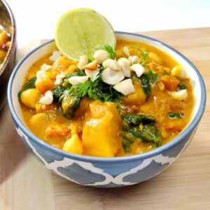 sweet potato and peanut curry in a bowl