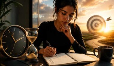 A focused young woman writes goals in a notebook at her desk beside a clock and hourglass, symbolizing intentional planning, productivity, and effective time management, with a target in the distance representing clear goals and future success.