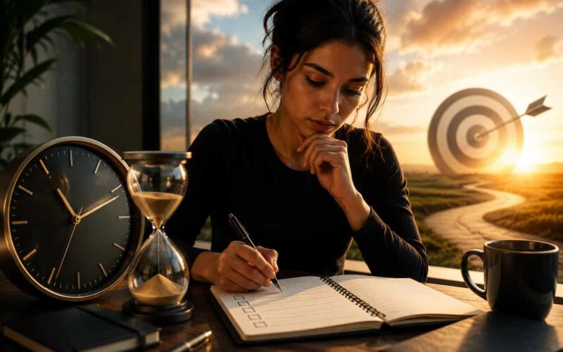 A focused young woman writes goals in a notebook at her desk beside a clock and hourglass, symbolizing intentional planning, productivity, and effective time management, with a target in the distance representing clear goals and future success.