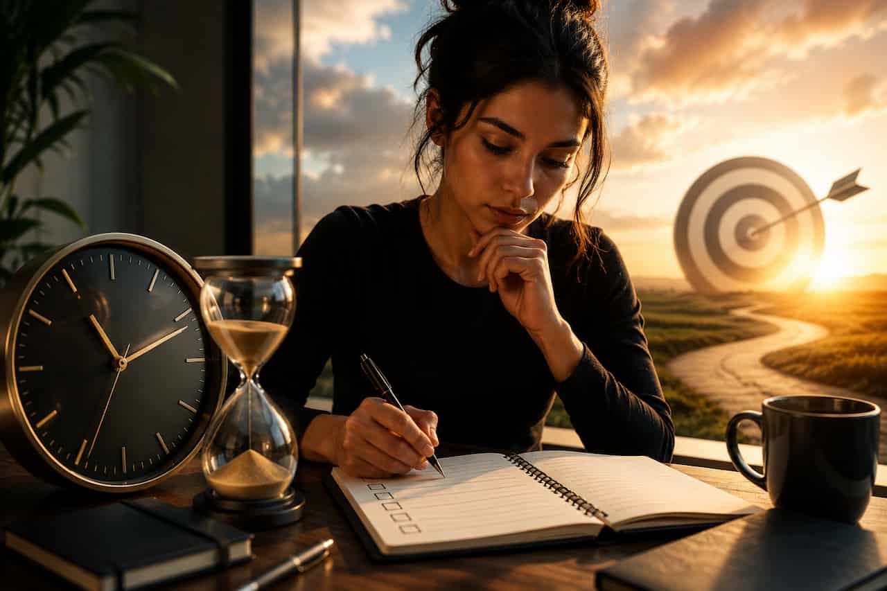 A focused young woman writes goals in a notebook at her desk beside a clock and hourglass, symbolizing intentional planning, productivity, and effective time management, with a target in the distance representing clear goals and future success.