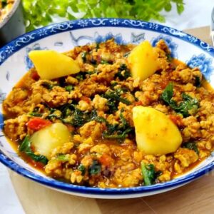 Turkey, spinach and potato curry delight featured on a plate