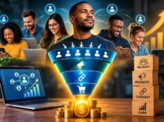 Build Your Sales Army: How Affiliate Funnels Sell for You Diverse team works around a glowing marketing funnel with linked profiles and rising graph; blocks read recruit, promote, convert, earn beside coins.