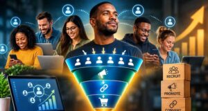 Build Your Sales Army: How Affiliate Funnels Sell for You Diverse team works around a glowing marketing funnel with linked profiles and rising graph; blocks read recruit, promote, convert, earn beside coins.