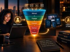 The Digital Product Sales Funnel: How to Turn One Customer Into a Lifetime of Sales A Black woman using a laptop beside a glowing digital sales funnel showing the stages Attract, Engage, Convert, Deliver and Retain, with digital products such as ebooks, courses and videos leading toward lifetime customer sales.