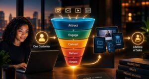 The Digital Product Sales Funnel: How to Turn One Customer Into a Lifetime of Sales A Black woman using a laptop beside a glowing digital sales funnel showing the stages Attract, Engage, Convert, Deliver and Retain, with digital products such as ebooks, courses and videos leading toward lifetime customer sales.