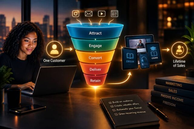 A Black woman using a laptop beside a glowing digital sales funnel showing the stages Attract, Engage, Convert, Deliver and Retain, with digital products such as ebooks, courses and videos leading toward lifetime customer sales.
