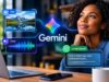 Google Gemini: The AI That Can See, Hear and Understand Your World Thoughtful woman at a laptop smiles beside a Gemini AI graphic showing a mountain image, audio waveform, and colorful understanding icons.
