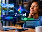 Google Gemini: The AI That Can See, Hear and Understand Your World Thoughtful woman at a laptop smiles beside a Gemini AI graphic showing a mountain image, audio waveform, and colorful understanding icons.