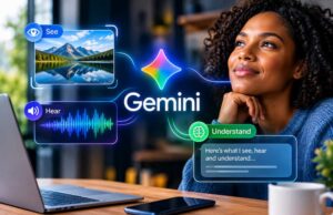 Google Gemini: The AI That Can See, Hear and Understand Your World Thoughtful woman at a laptop smiles beside a Gemini AI graphic showing a mountain image, audio waveform, and colorful understanding icons.