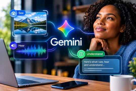 Google Gemini: The AI That Can See, Hear and Understand Your World Thoughtful woman at a laptop smiles beside a Gemini AI graphic showing a mountain image, audio waveform, and colorful understanding icons.