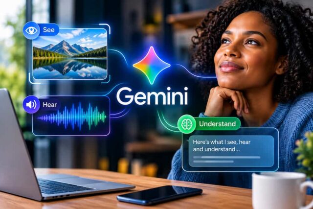gemini Thoughtful woman at a laptop smiles beside a Gemini AI graphic showing a mountain image, audio waveform, and colorful understanding icons.